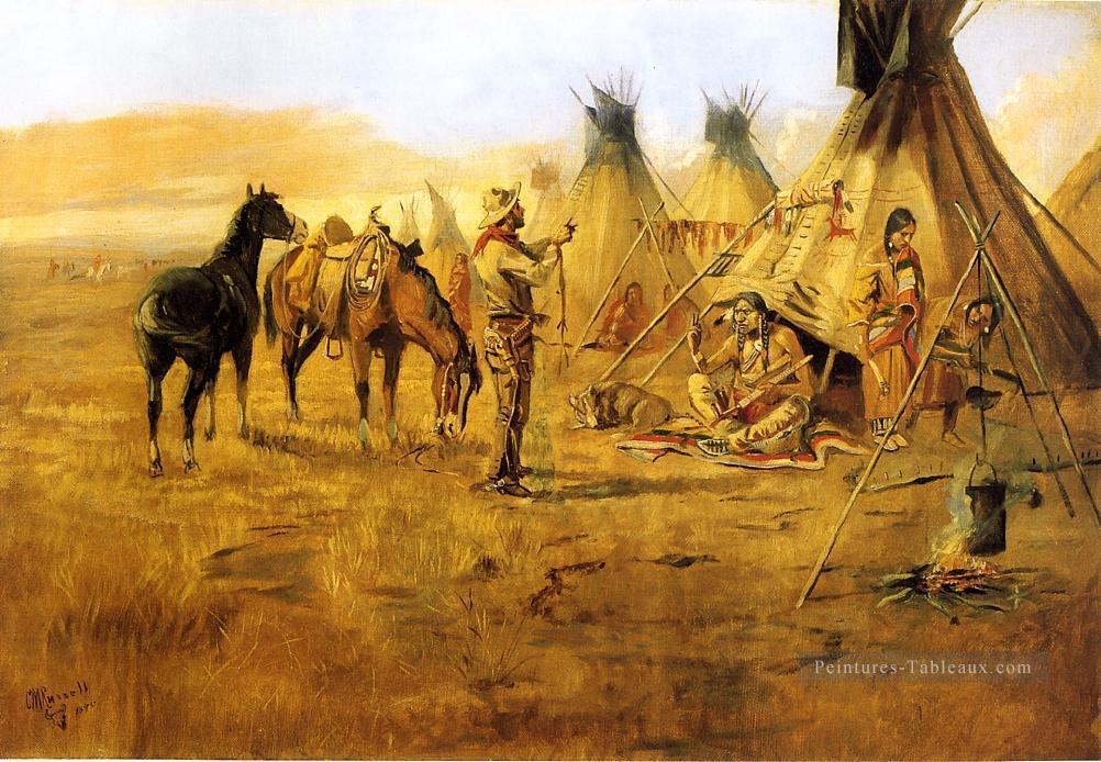 Cowboy Négociation pour une Indian Girl Cowboy Indiens Charles Marion Russell Indiana Peintures à l'huile